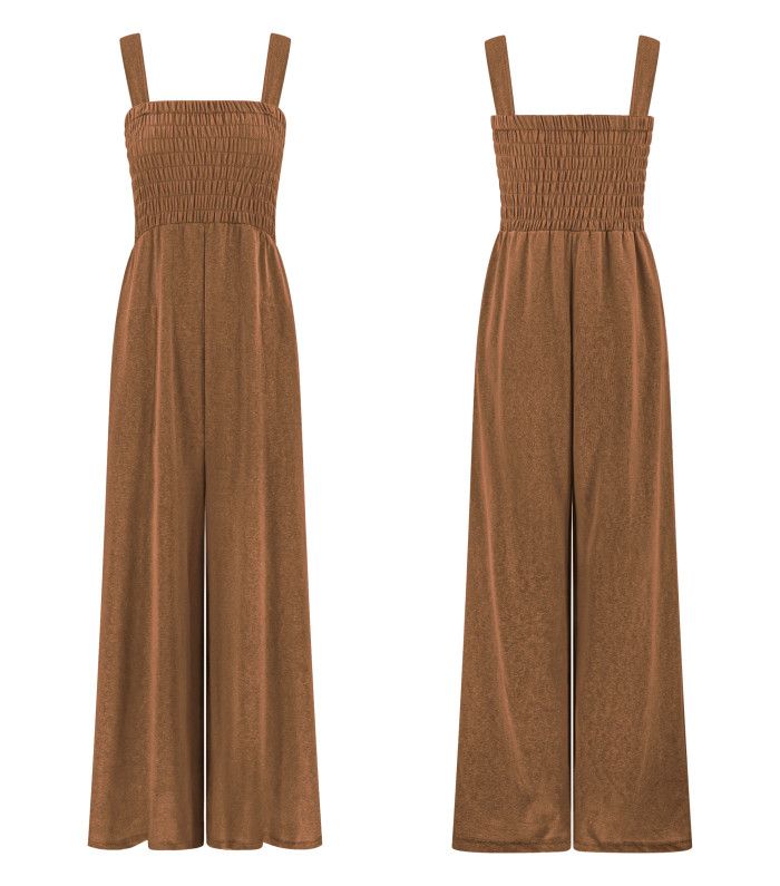 R.Vivimos Jumpsuits for Women Summer Cotton Sleeveless Smocked Casual One Piece Vacation Wide Leg Long Rompers with Pockets