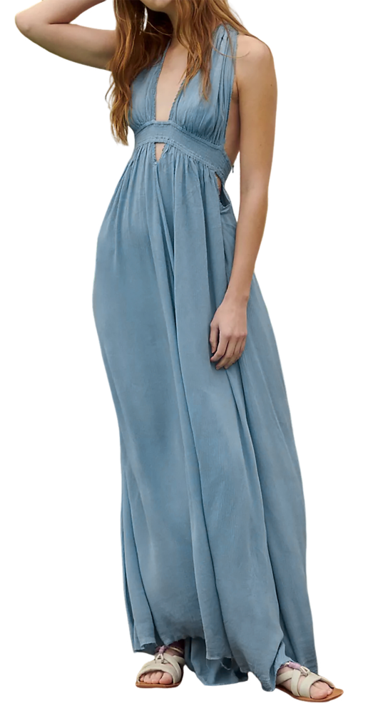R.Vivimos Boho Maxi Dresses for Women 2025 Summer Sleeveless Halter Elastic Waist Sexy Backless Front Slit Flowy Long Dresses