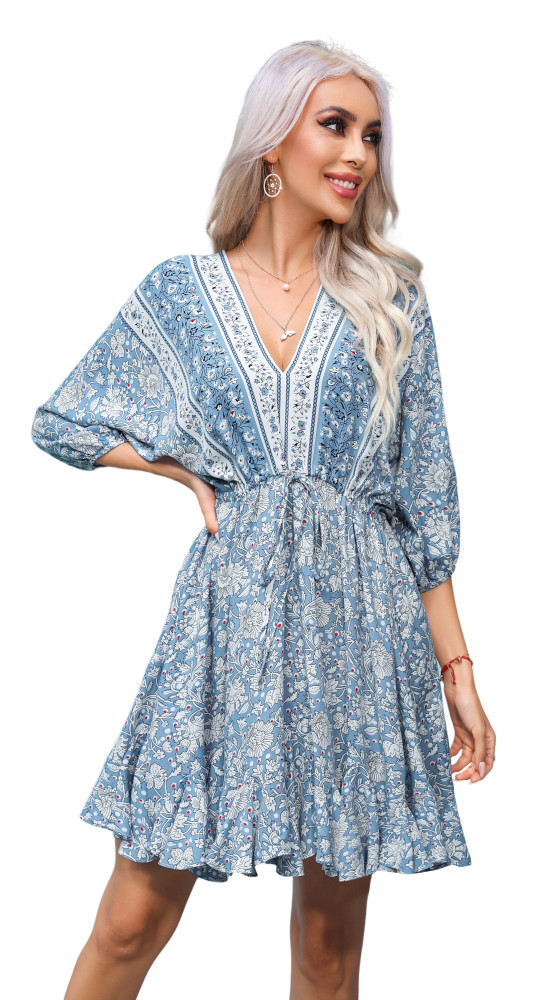 R.Vivimos Womens Summer Floral Dress 3/4 Sleeve Deep V Neck Boho Drawstring Backless Swing Mini Dress