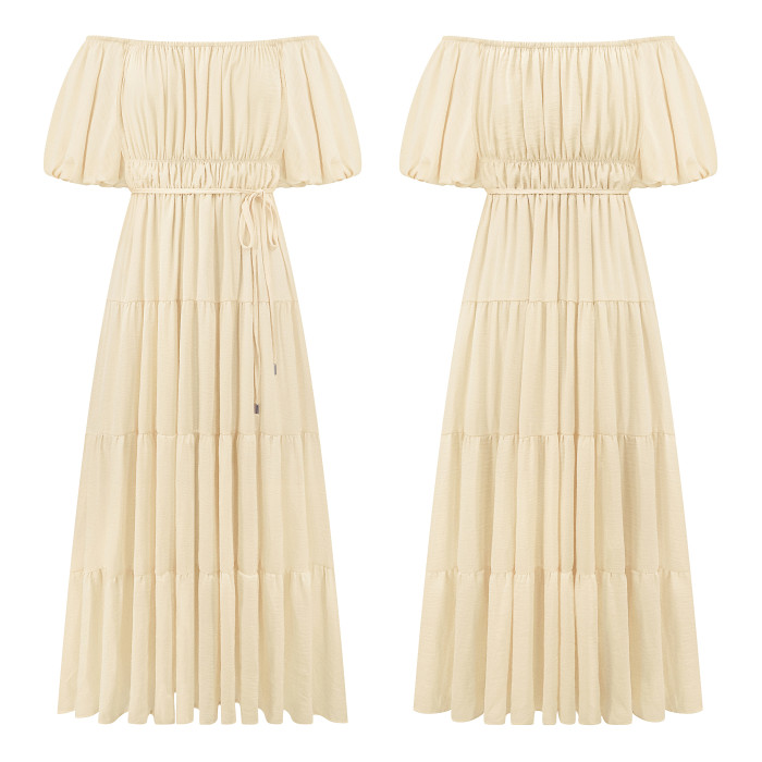 R.Vivimos Off-Shoulder Dresses for Women Summer Puff Sleeve Empire Waist Casual Ruffle A-Line Flowy Midi Dress with Belt