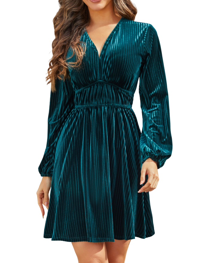 R.Vivimos Womens Fall Winter Velvet Striped Mini Dress 2025 Long Sleeve V Neck Elastic High Waist Elegant Casual A-Line Dress