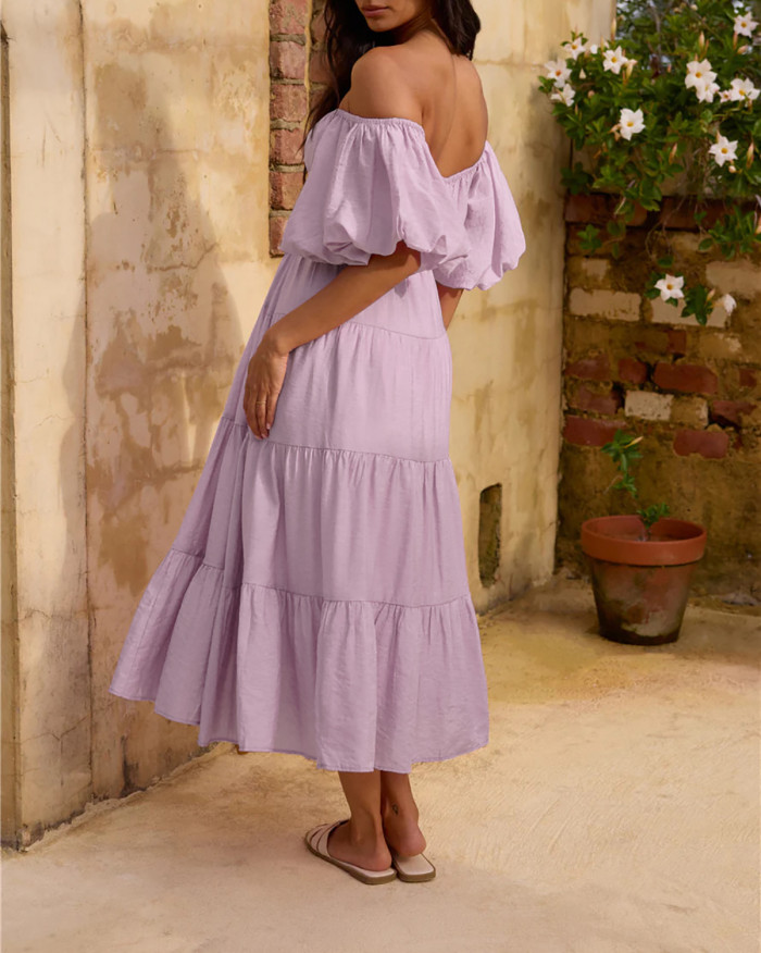 R.Vivimos Off-Shoulder Dresses for Women Summer Puff Sleeve Empire Waist Casual Ruffle A-Line Flowy Midi Dress with Belt