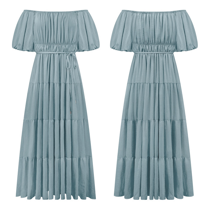 R.Vivimos Off-Shoulder Dresses for Women Summer Puff Sleeve Empire Waist Casual Ruffle A-Line Flowy Midi Dress with Belt