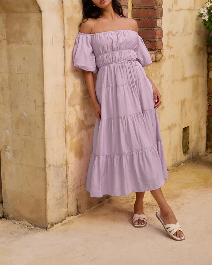 R.Vivimos Off-Shoulder Dresses for Women Summer Puff Sleeve Empire Waist Casual Ruffle A-Line Flowy Midi Dress with Belt