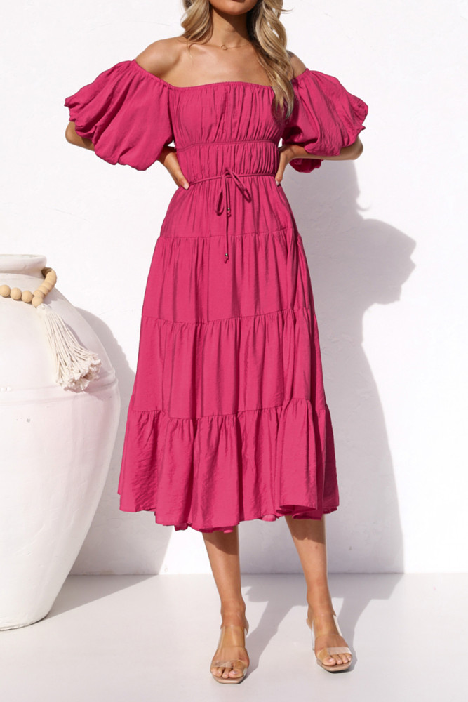 R.Vivimos Off-Shoulder Dresses for Women Summer Puff Sleeve Empire Waist Casual Ruffle A-Line Flowy Midi Dress with Belt