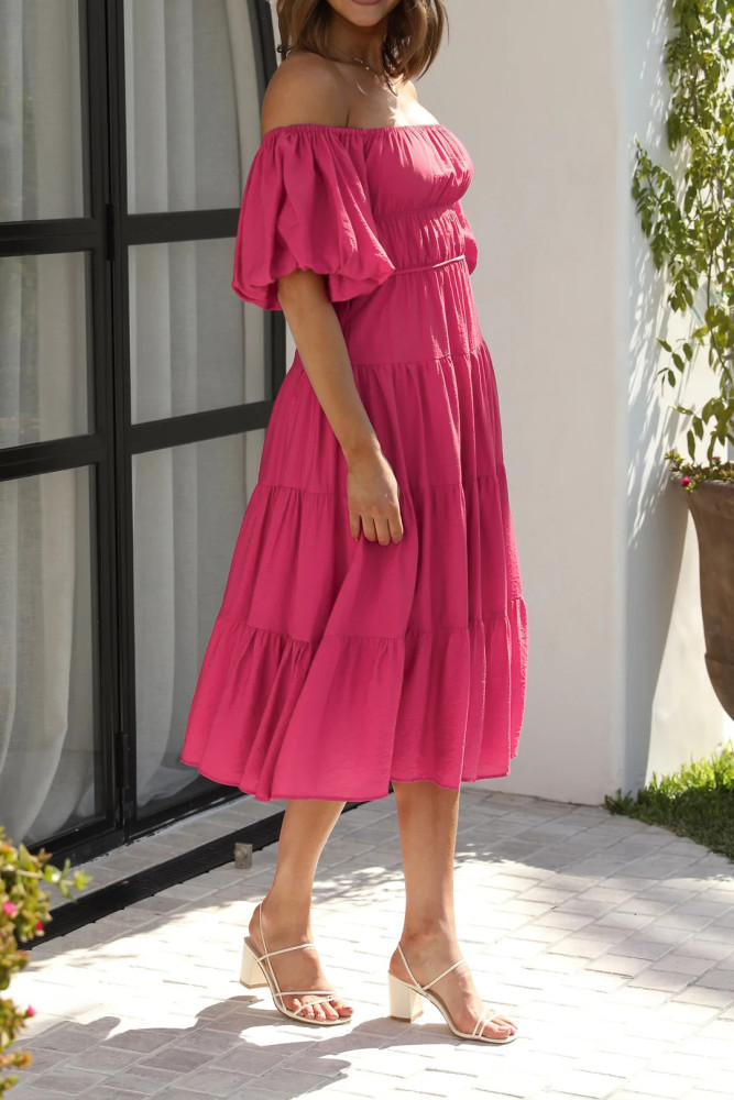 R.Vivimos Off-Shoulder Dresses for Women Summer Puff Sleeve Empire Waist Casual Ruffle A-Line Flowy Midi Dress with Belt