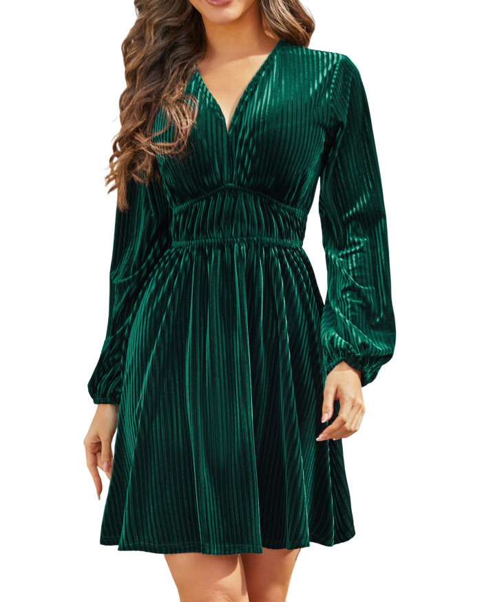 R.Vivimos Womens Fall Winter Velvet Striped Mini Dress 2025 Long Sleeve V Neck Elastic High Waist Elegant Casual A-Line Dress