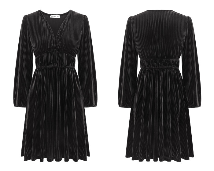 R.Vivimos Womens Fall Winter Velvet Striped Mini Dress 2025 Long Sleeve V Neck Elastic High Waist Elegant Casual A-Line Dress