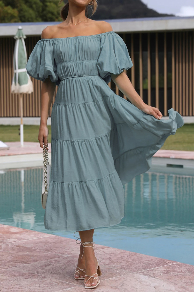 R.Vivimos Off-Shoulder Dresses for Women Summer Puff Sleeve Empire Waist Casual Ruffle A-Line Flowy Midi Dress with Belt