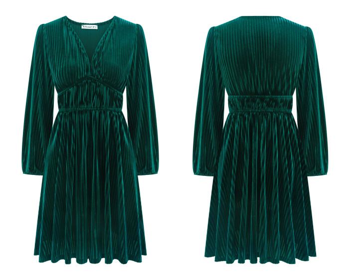 R.Vivimos Womens Fall Winter Velvet Striped Mini Dress 2025 Long Sleeve V Neck Elastic High Waist Elegant Casual A-Line Dress