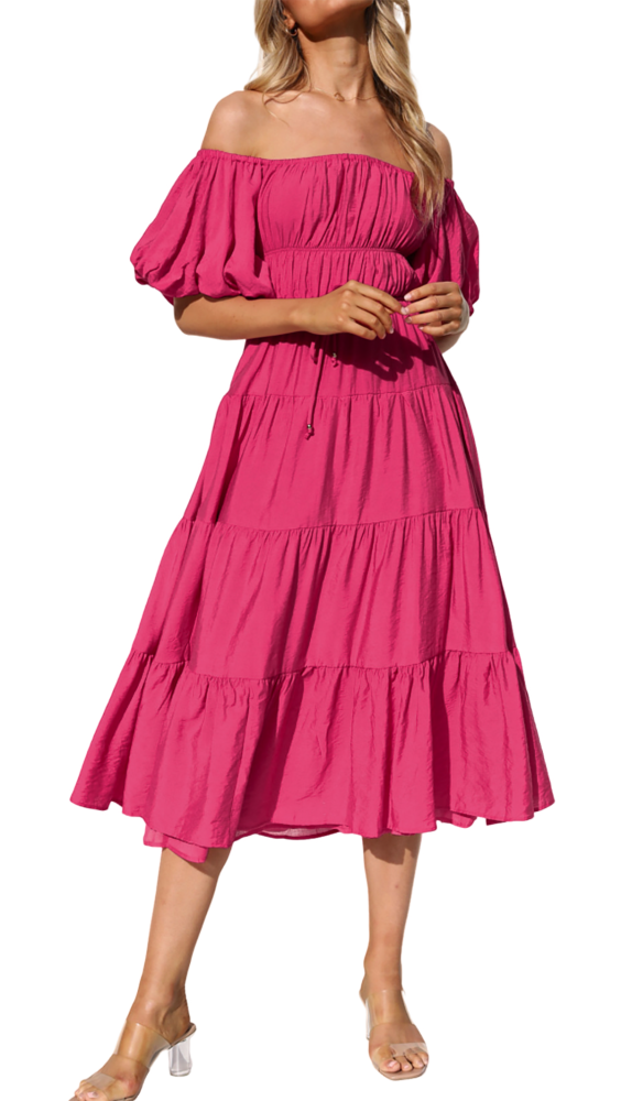 R.Vivimos Off-Shoulder Dresses for Women Summer Puff Sleeve Empire Waist Casual Ruffle A-Line Flowy Midi Dress with Belt