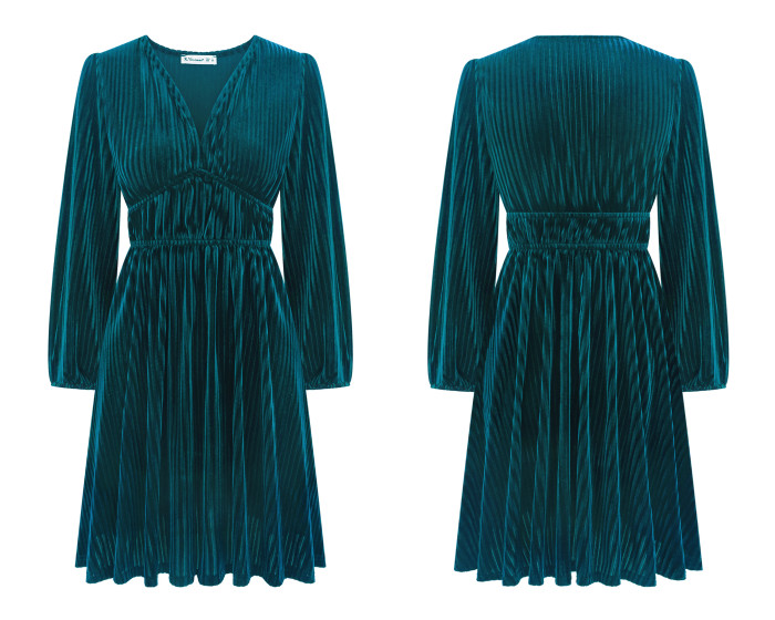 R.Vivimos Womens Fall Winter Velvet Striped Mini Dress 2025 Long Sleeve V Neck Elastic High Waist Elegant Casual A-Line Dress
