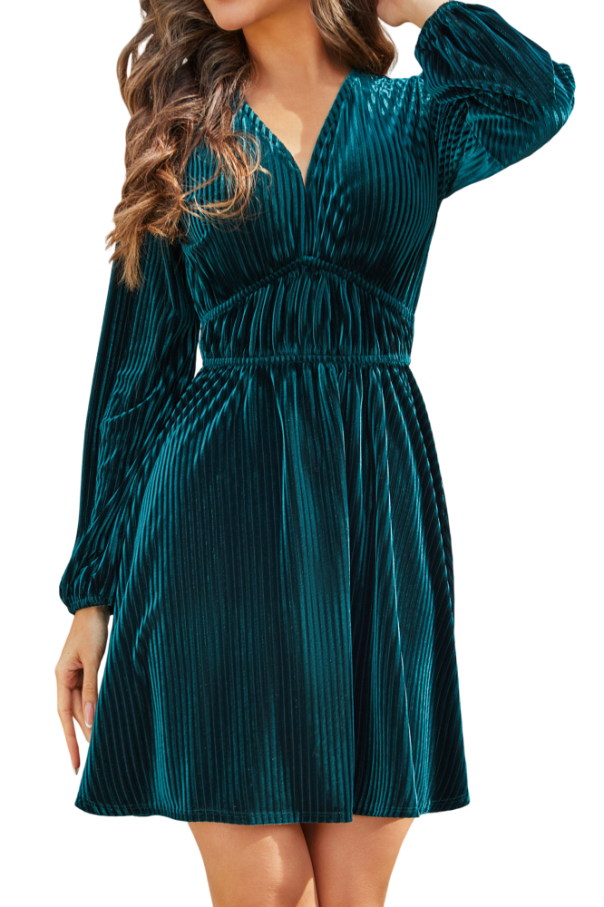 R.Vivimos Womens Fall Winter Velvet Striped Mini Dress 2025 Long Sleeve V Neck Elastic High Waist Elegant Casual A-Line Dress
