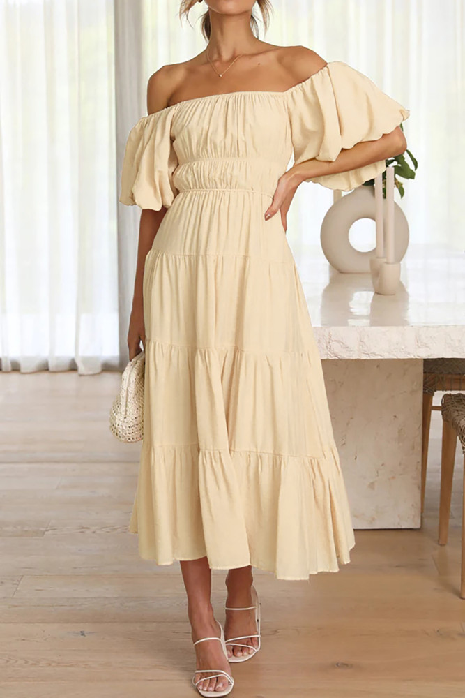 R.Vivimos Off-Shoulder Dresses for Women Summer Puff Sleeve Empire Waist Casual Ruffle A-Line Flowy Midi Dress with Belt