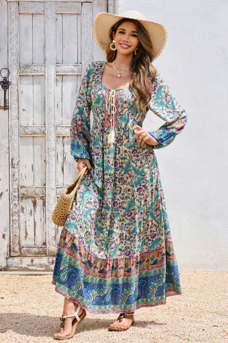 R.Vivimos Boho Maxi Dresses for Women 2025 Floral Print Long Sleeve Casual Button Up Loose Flowy Beach Long Dresses