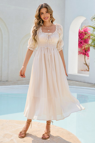 R.Vivimos Women's Summer Square Neck Midi Dress 2025 Casual Puff Half Sleeve Elastic Empire Waist Boho Flowy Long Dresses