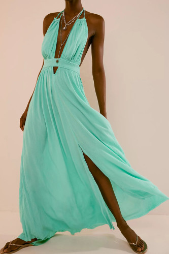 R.Vivimos Boho Maxi Dresses for Women 2025 Summer Sleeveless Halter Elastic Waist Sexy Backless Front Slit Flowy Long Dresses
