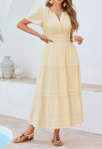 R.Vivimos Womens Summer Cotton Midi Dress 2025 Short Sleeve V Neck Elastic Waist Embroidered Tiered A-Line Long Dresses