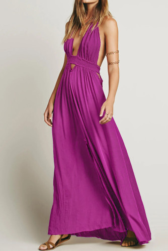 R.Vivimos Boho Maxi Dresses for Women 2025 Summer Sleeveless Halter Elastic Waist Sexy Backless Front Slit Flowy Long Dresses