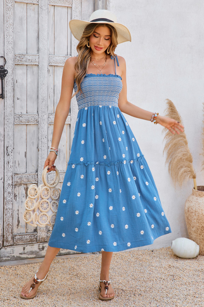 R.Vivimos Womens Summer Cotton Boho Midi Dress 2025 Spaghetti Strap Floral Embroidered Smocked Flowy Pockets Dress