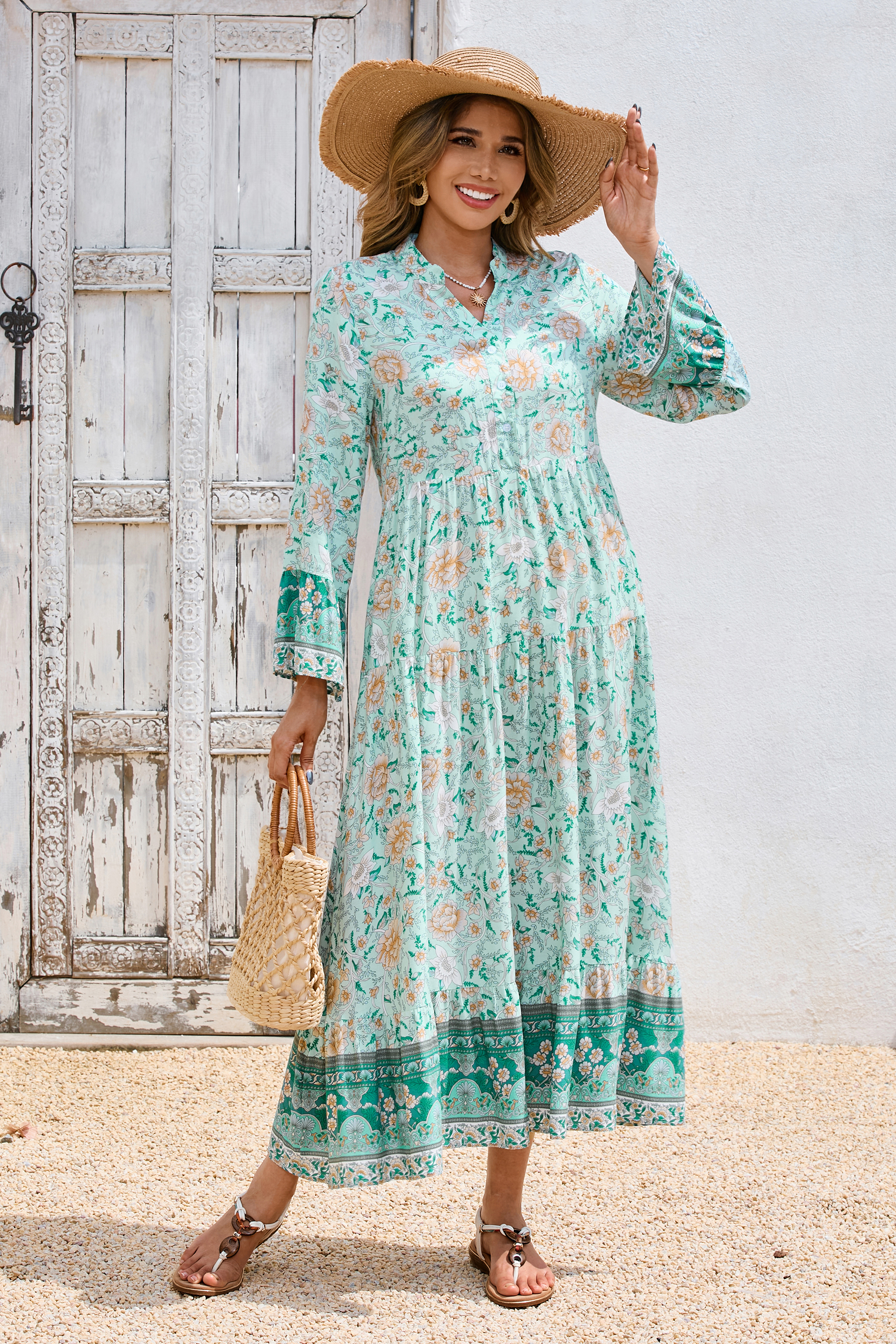 R.Vivimos Women's Boho Floral Print Midi Dress 2025 Long Sleeve V Neck Button Up Casual Loose Flowy Beach Long Dresses2