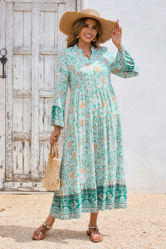 R.Vivimos Women's Boho Floral Print Midi Dress 2025 Long Sleeve V Neck Button Up Casual Loose Flowy Beach Long Dresses