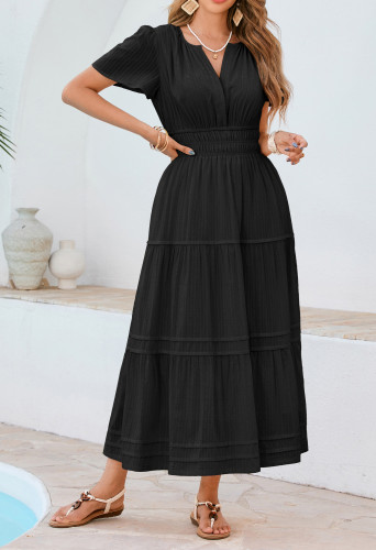 R.Vivimos Womens Summer Cotton Midi Dress 2025 Short Sleeve V Neck Elastic Waist Embroidered Tiered A-Line Long Dresses