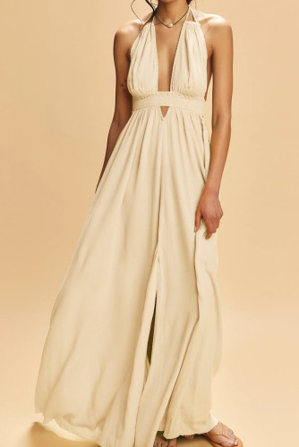 R.Vivimos Boho Maxi Dresses for Women 2025 Summer Sleeveless Halter Elastic Waist Sexy Backless Front Slit Flowy Long Dresses