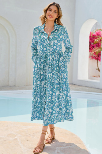 R.Vivimos Long Sleeve Boho Dresses for Women 2025 Floral Print Casual Button Down Loose Flowy Midi Shirt Dress with Pockets