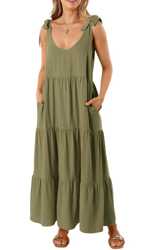 R.Vivimos Women's Summer Casual Beach Midi Dress Cotton Linen Sleeveless Adjustable Straps Tiered Flowy Dresses with Pockets