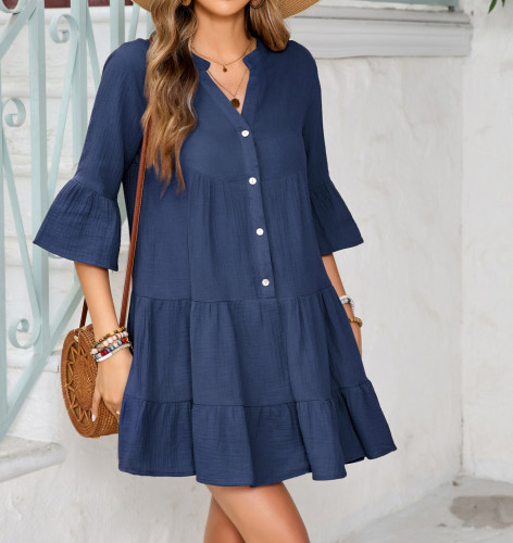 R.Vivimos Cotton Dresses for Women Summer V Neck 3/4 Flare Sleeve Button Front Casual Loose Tiered Mini Dress