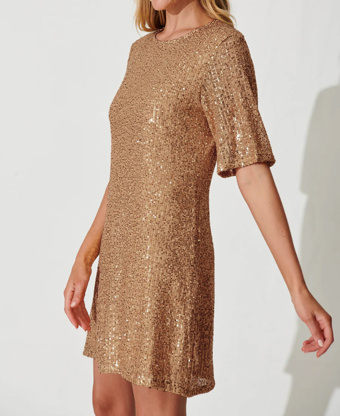 R.Vivimos Women's Trendy Party Sparkly Sequin Dress Short Sleeve Back Button Crew Neck Loose Fit Glitter Mini Dress