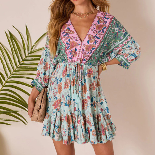 R.Vivimos Womens Summer Floral Dress 3/4 Sleeve Deep V Neck Boho Drawstring Backless Swing Mini Dress