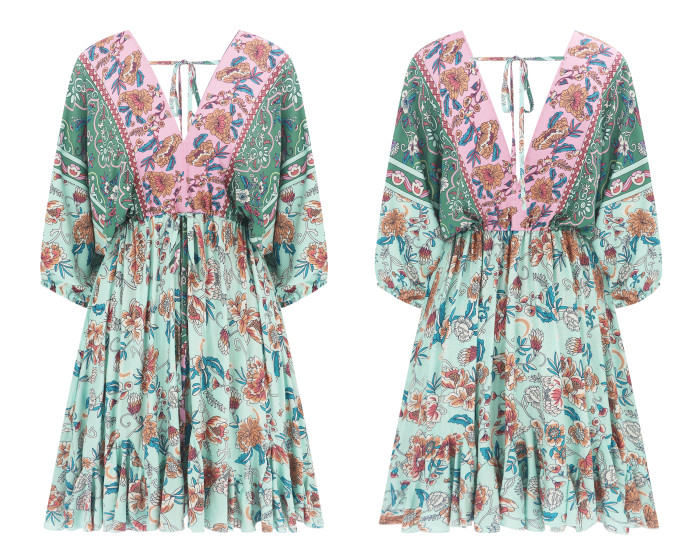R.Vivimos Womens Summer Floral Dress 3/4 Sleeve Deep V Neck Boho Drawstring Backless Swing Mini Dress