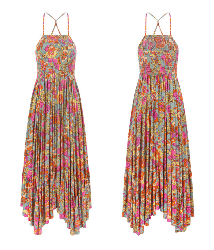 white halter neck flowy dress Pink Floral Strappy Wrap Maxi Dress