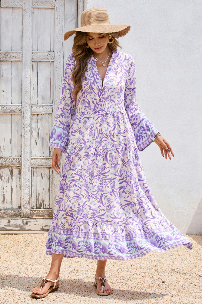 R.Vivimos Women's Boho Floral Print Midi Dress 2025 Long Sleeve V Neck Button Up Casual Loose Flowy Beach Long Dresses