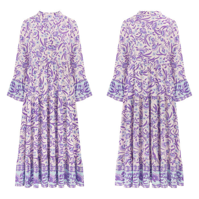 R.Vivimos Women's Boho Floral Print Midi Dress 2025 Long Sleeve V Neck Button Up Casual Loose Flowy Beach Long Dresses
