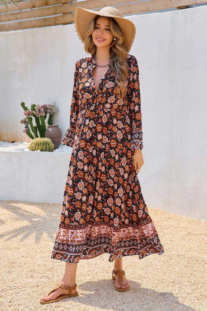 R.Vivimos Women's Boho Floral Print Midi Dress 2025 Long Sleeve V Neck Button Up Casual Loose Flowy Beach Long Dresses