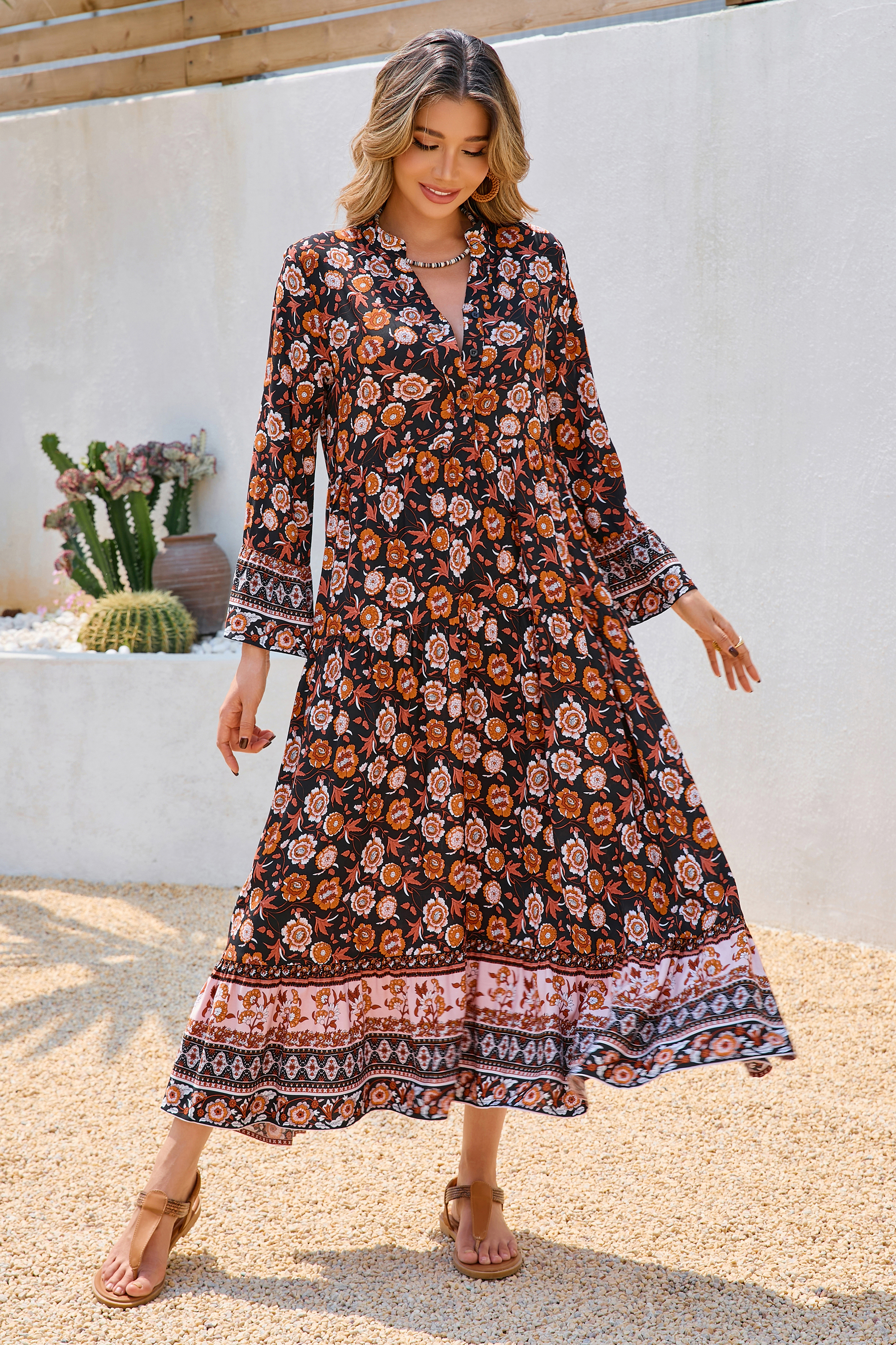 R.Vivimos Women's Boho Floral Print Midi Dress 2025 Long Sleeve V Neck Button Up Casual Loose Flowy Beach Long Dresses4