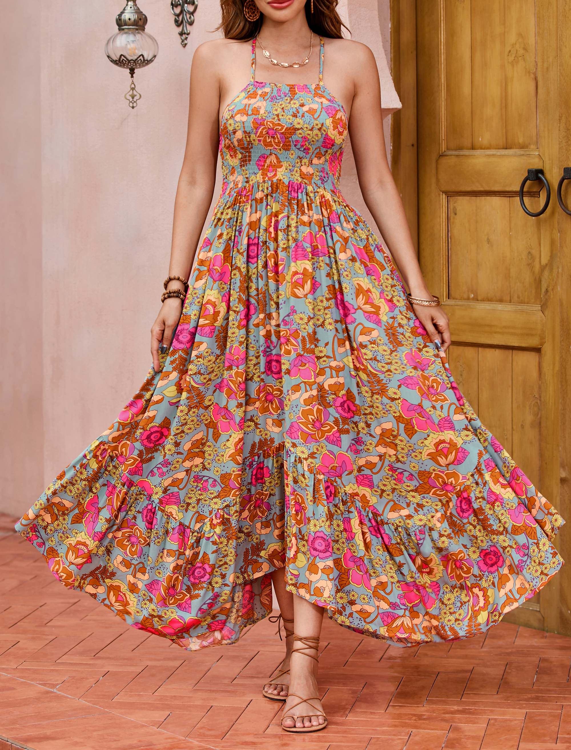 【週末値下げ】 Framed flower open long dress R.Vivimos Women's Summer Maxi Dress Spaghetti Strap Boho