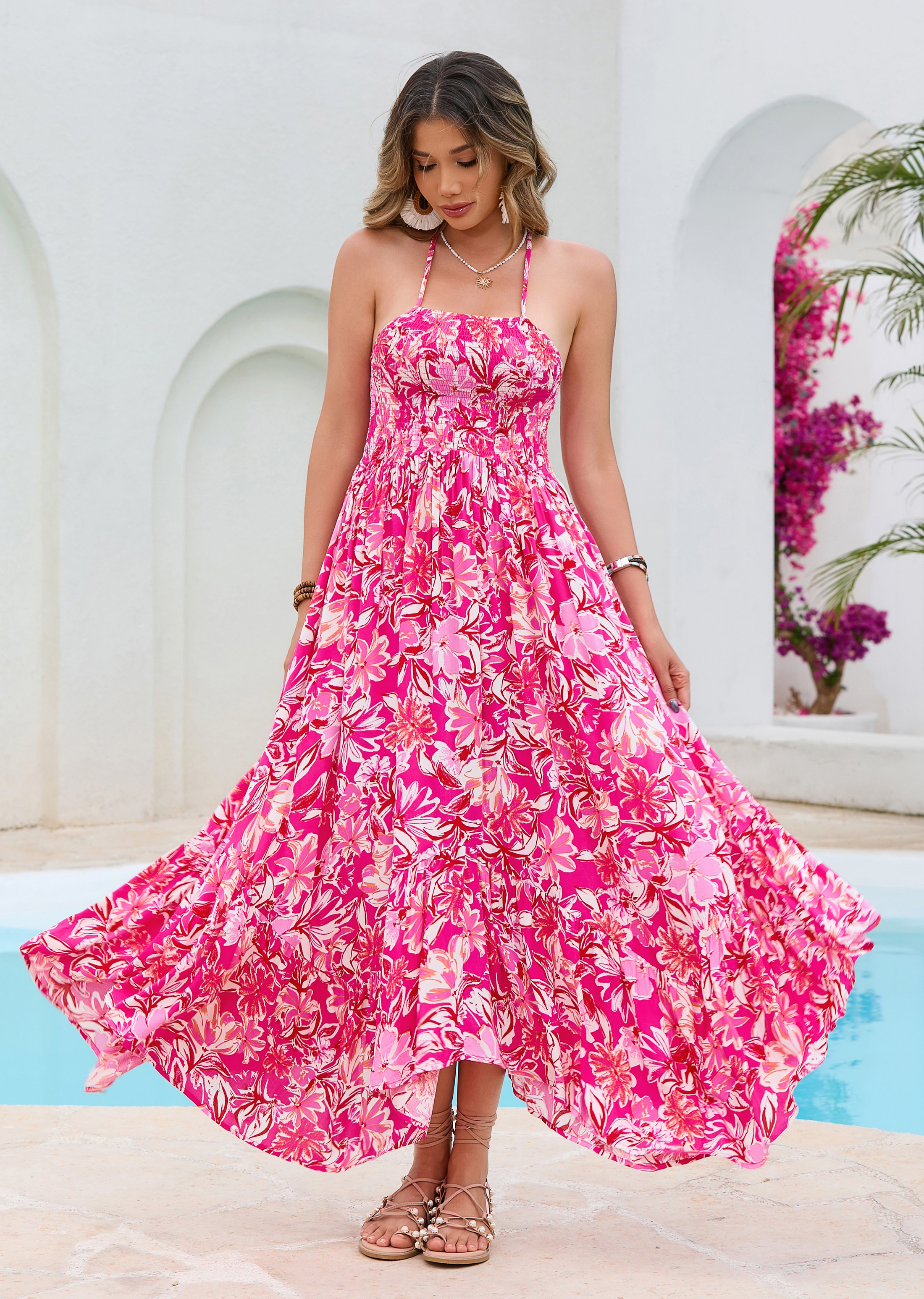 【週末値下げ】 Framed flower open long dress R.Vivimos Women's Summer Maxi Dress Spaghetti Strap Boho
