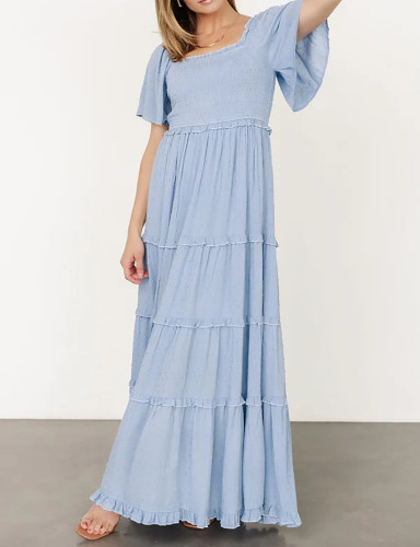 R.Vivimos Womens Summer 2025 Maxi Dress Short Sleeve Square Neck Elastic Smocked Swiss Dots Casual A-Line Flowy Long Dresses