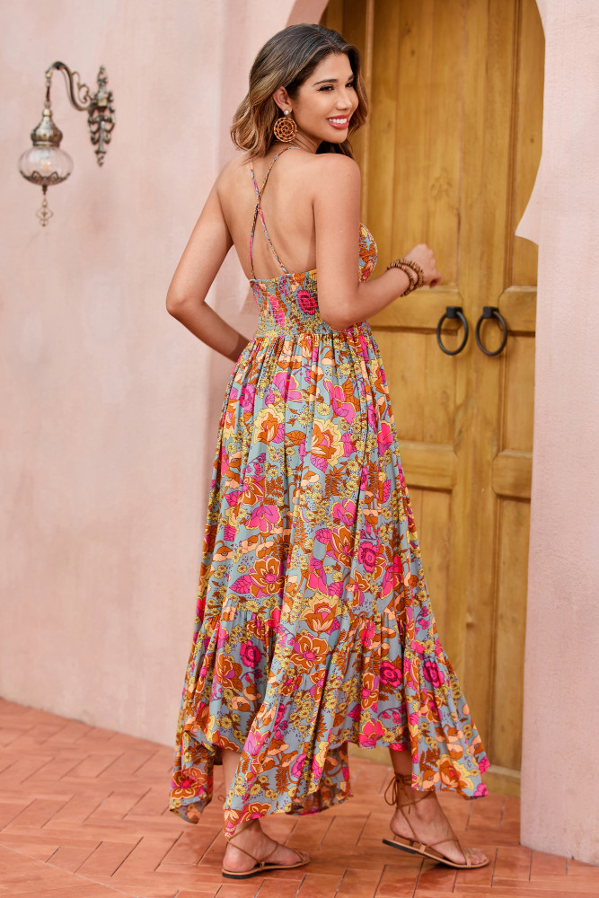chinese dress ladies Yellow Floral Maxi Dress with Cut Outs main image 0