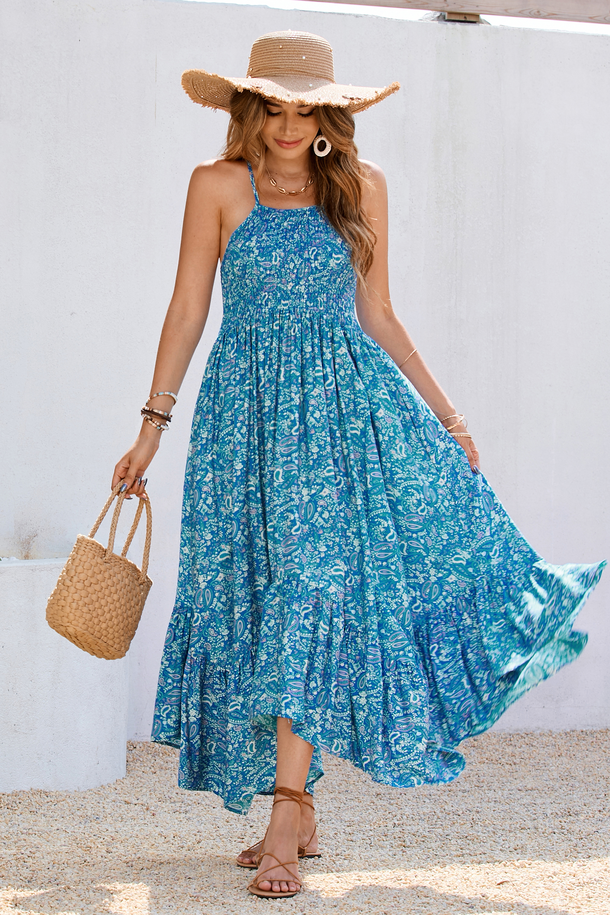 R.Vivimos Women's Summer Maxi Dress Spaghetti Strap Boho Floral Print Smocked Backless Casual Ruffle Flowy Long Dresses2