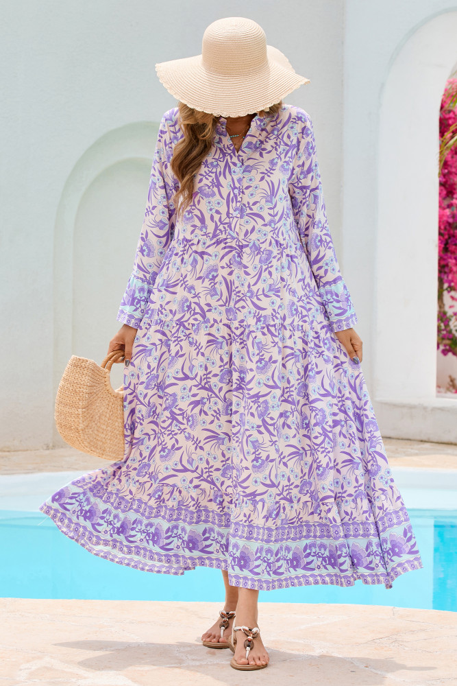 R.Vivimos Women's Boho Floral Print Midi Dress 2025 Long Sleeve V Neck Button Up Casual Loose Flowy Beach Long Dresses