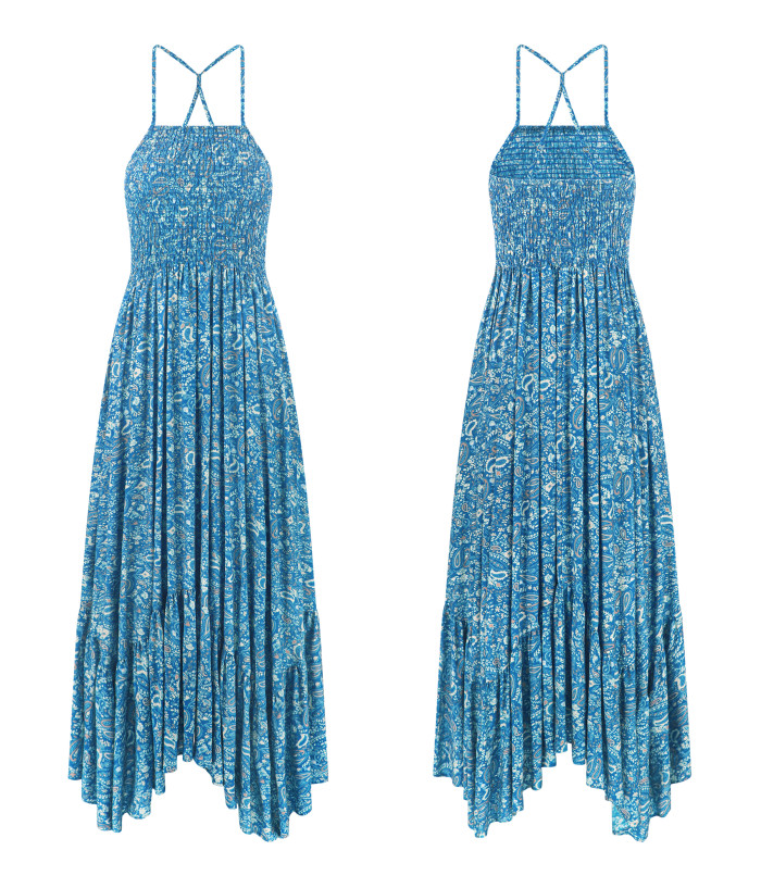 sachin and babi light blue dress R.Vivimos Women's Summer Maxi Dress Spaghetti Strap Boho Floral Print  Smocked Backless Casual Ruffle Flowy