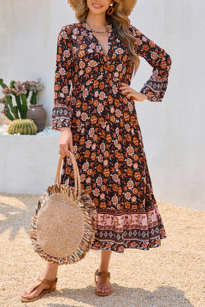 R.Vivimos Women's Boho Floral Print Midi Dress 2025 Long Sleeve V Neck Button Up Casual Loose Flowy Beach Long Dresses