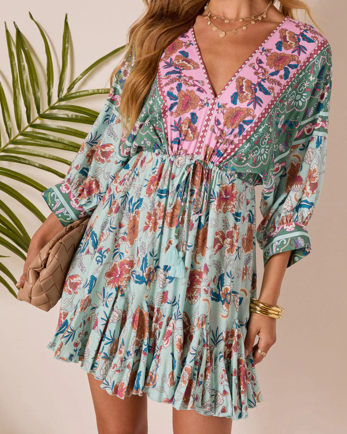 R.Vivimos Womens Summer Floral Dress 3/4 Sleeve Deep V Neck Boho Drawstring Backless Swing Mini Dress