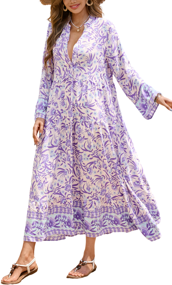 R.Vivimos Women's Boho Floral Print Midi Dress 2025 Long Sleeve V Neck Button Up Casual Loose Flowy Beach Long Dresses