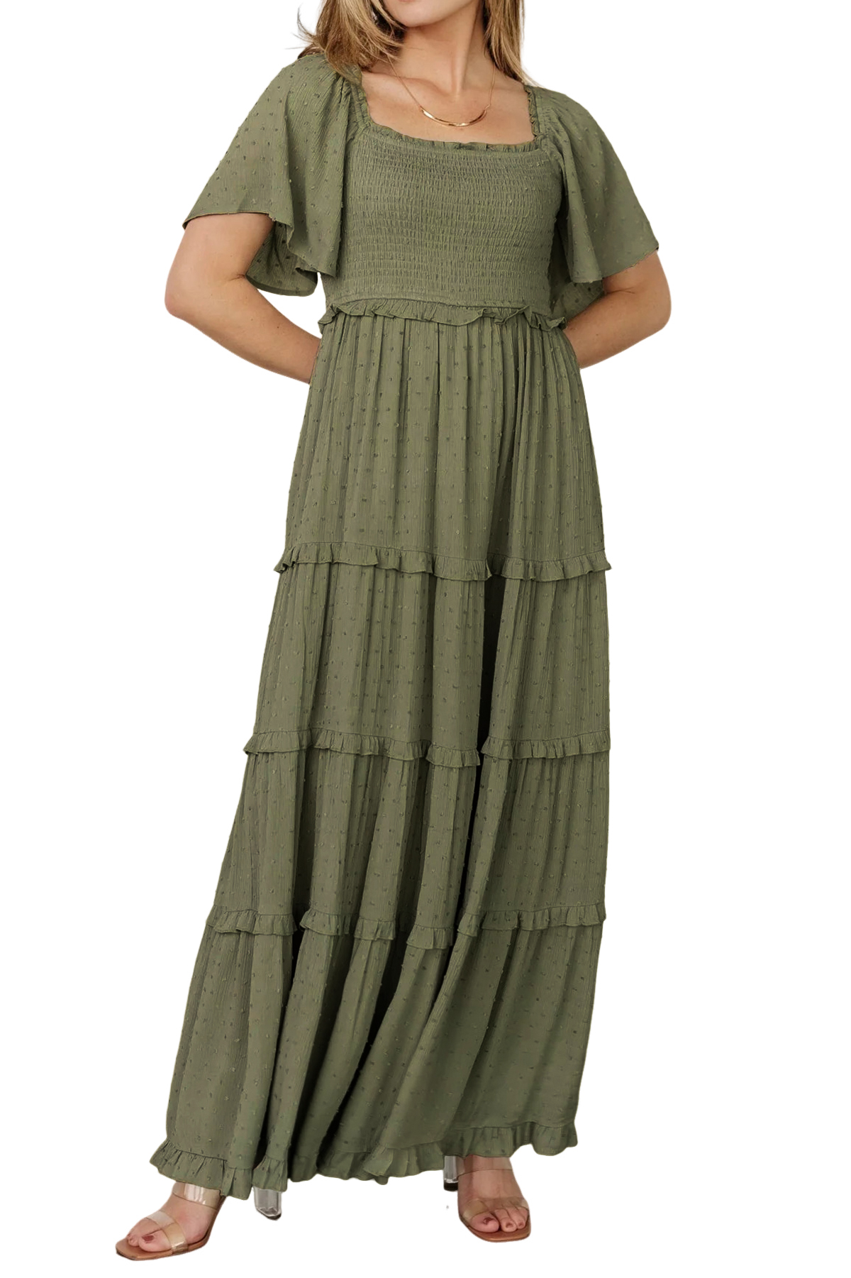 R.Vivimos Womens Summer 2025 Maxi Dress Short Sleeve Square Neck Elastic Smocked Swiss Dots Casual A-Line Flowy Long Dresses - Main Image